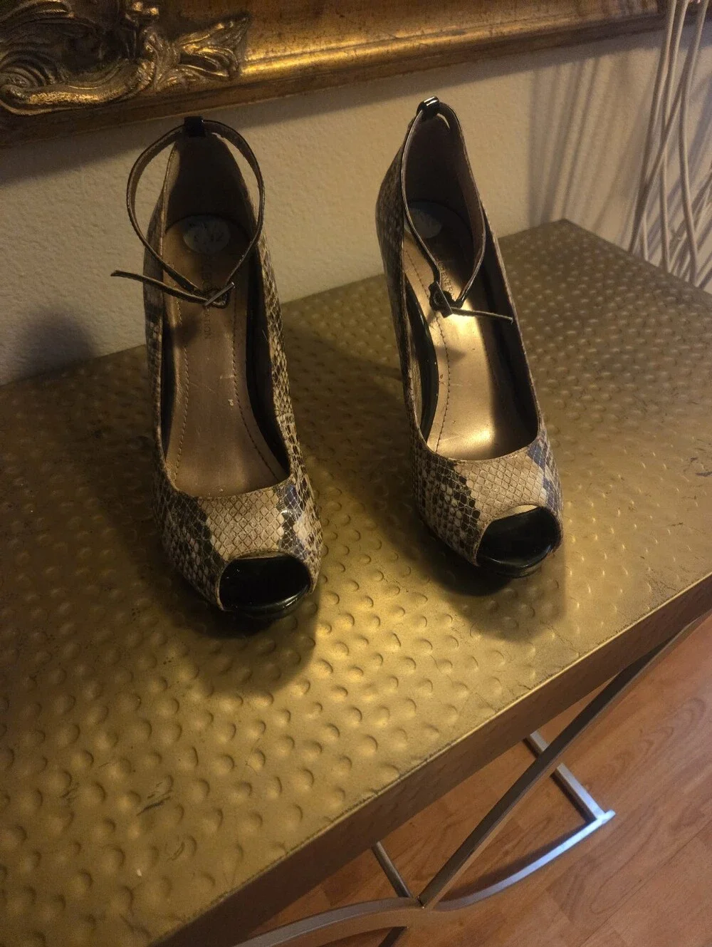 Snake-Print Peep-Toe Ankle-Strap Heels in Beige/Black.  Removable Strap.
